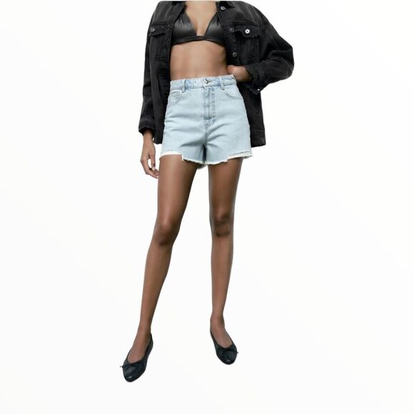 ZARA | Light Blue | HIGH RISE RIPPED HEM DENIM SHORTS - Picture 5 of 11